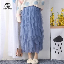 CARP TALE Tulle Skirts Women High Waist Mesh Skirt Hem Asymmetrical Pleated Midi Skirt Female Slim Casual New Summer Skirts lace insert scalloped asymmetrical hem skirt