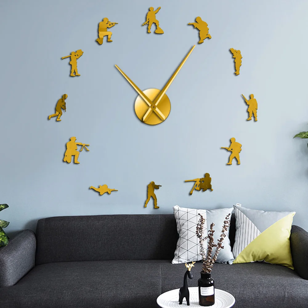  Soldiers Military Wall Art Stickers DIY Large Wall Clock Veteran Army Home Decor Frameless Wall Wat