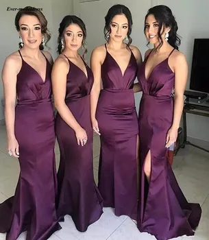 

Long Grape Mermaid Bridesmaid Dresses 2019 Side Split Halter V Neck Sexy Formal Wedding Guest Gowns Robe Demoiselle D'honneur