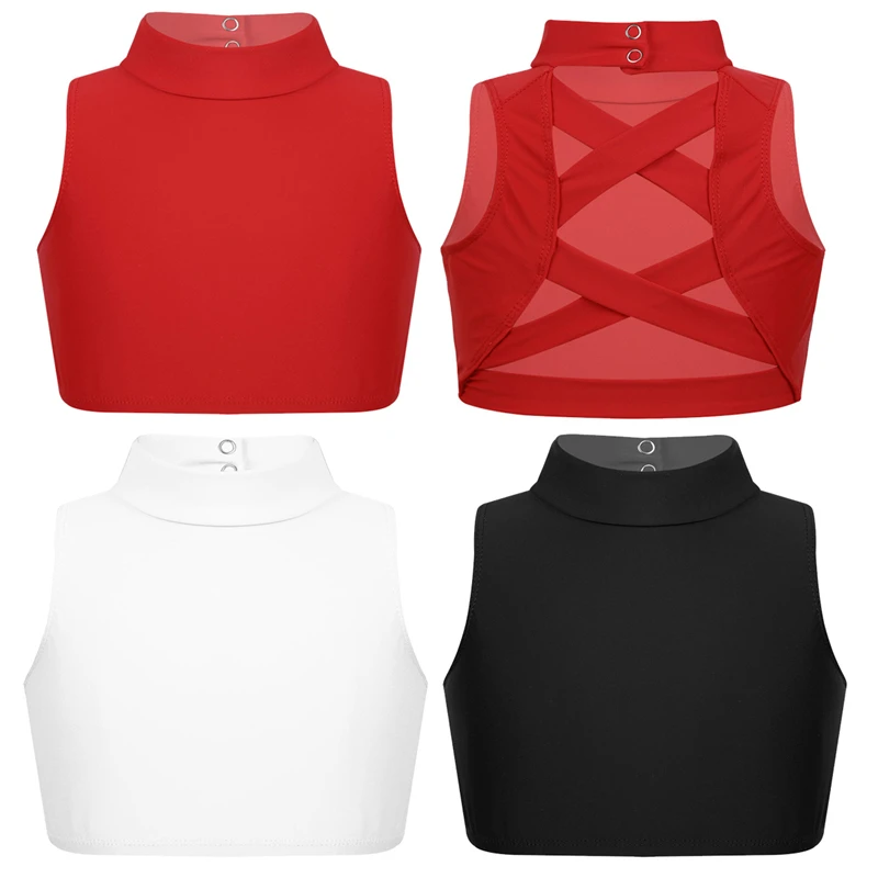 Kid Girls Tank Dance Ballet Crop Top Sleeveless Mock Neck Criss Cross Back Tanks Bra Tops Ballet Dance Sports Bra ballet tops kids dance tops