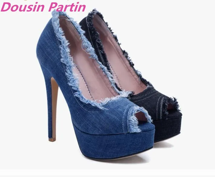 Dousin partinwomen 펌프 얇은 슈퍼 하이힐 peep toe 데님 술 fashin shoes 슬립 온 스프링/가을 플랫폼 3.5cm