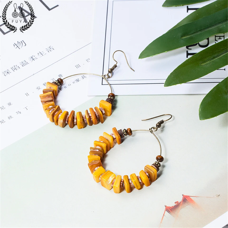 

New arrive yellow green red long hollow big round circle drop earrings Fashion natural shell beads earring accessories jewelery