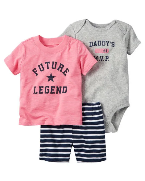 Коллекция года, летние популярные комплекты для маленьких мальчиков хлопковая Детская Повседневная футболка с рисунком для малышей, боди, короткие штаны, 3 предмета, милая детская одежда для мальчиков