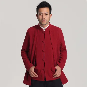 

New Arrival Burgundy Cotton Linen Casual Jacket Chinese Style Double Coat Long Sleeve Kung Fu Wu Shu Clothing M -XXXL MQ001