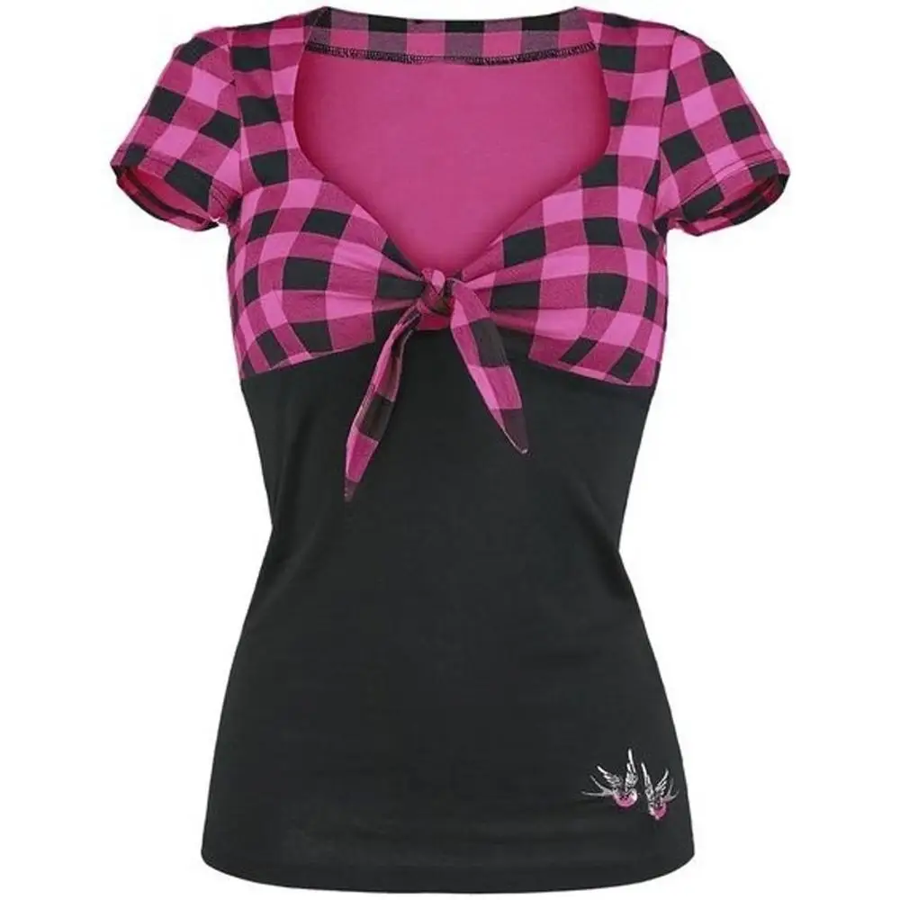 Женская футболка размера плюс с бантом, цветная клетчатая рубашка с v-образным вырезом и коротким рукавом, пуловер, топы, poleras de mujer moda# ASS - Цвет: Hot Pink