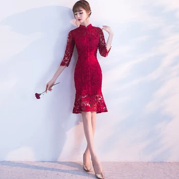 

Spring Evening Party Gowns Qipao Traditional Chinese Women Wedding Dress Slim Red Lace Half Sleeve Mandarin Collar Cheongsam
