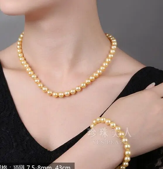 

se s 9- 10mm round south sea gold pearl necklace 18inch bracelet 7.5-8inch925silver