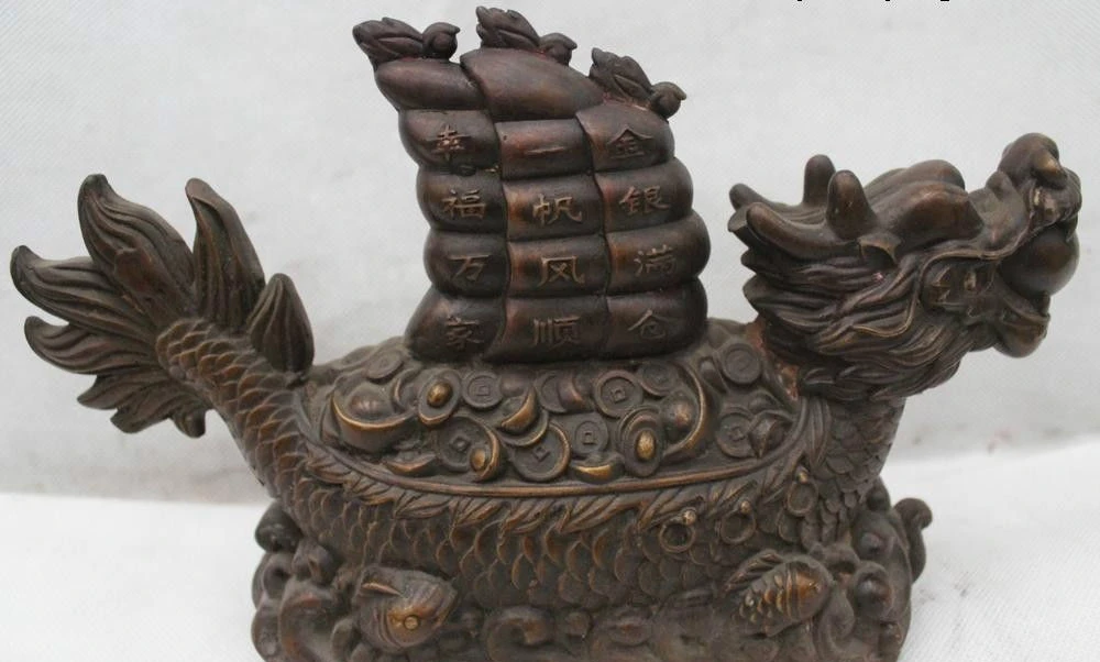 

7"Chinese Bronze Lucky Money drawing Dragon Boat Statue plain sailing Wealth
