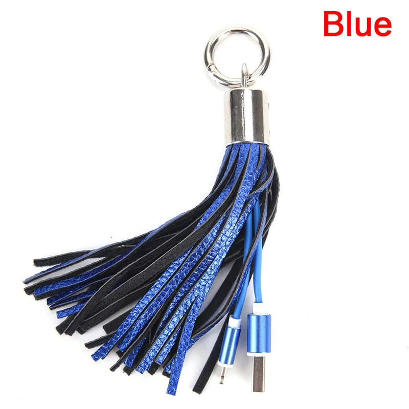 HWetR мини брелок для iPhone USB кабель быстрое зарядное устройство металлический брелок кабель для передачи данных Шнур зарядный адаптер кожаный кисточка сумка Декор - Цвет: Blue
