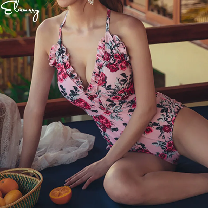 

2019 New One Piece Swimsuit Sexy Floral Printed Swimwear Women Bathing Suit Beach Backless Monokini Vintage Swimsuit Female
