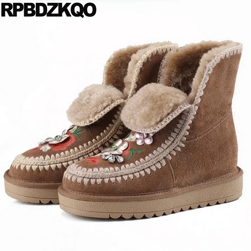 

Fur Winter Hidden Luxury Snow Boots Women Ankle Embroidered Rhinestone Slip On Shoes Brown Embroidery Wedge Female New Fashion