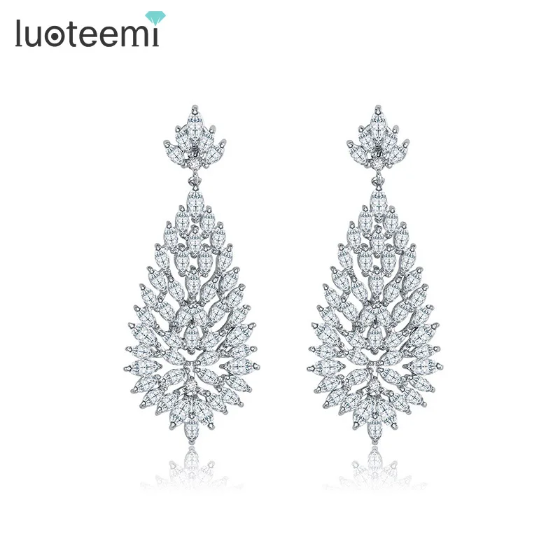 

LUOTEEMI Fashion Elegant Full Tiny Rhinestone Crystal Long Big Flower Dangle Drop Earrings for Women Wedding White Gold-Color