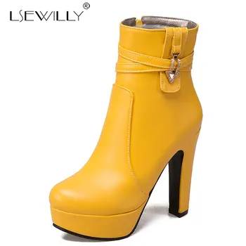 

Lsewilly 2019 autumn PU leather ankle boots square high heels round toe platform black white women boots Plus size 34-50 K111