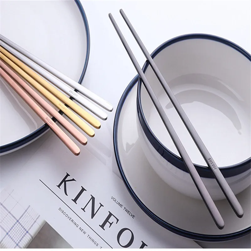 

1 Pair New Stainless Steel Solid Flat Kids Adult Chopsticks Household Chopsticks Portable Dinnerware Korean Tableware