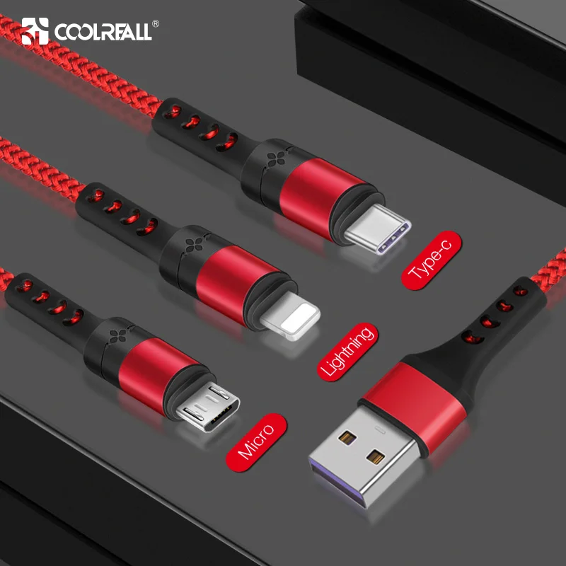 Red Coolreall 3 в 1 USB кабель для iPhone XR XS MAX X 8 7 6 Микро зарядный кабель Зарядное устройство usb type c кабель зарядное устройство для мобильного телефона шнур - Цвет: Red