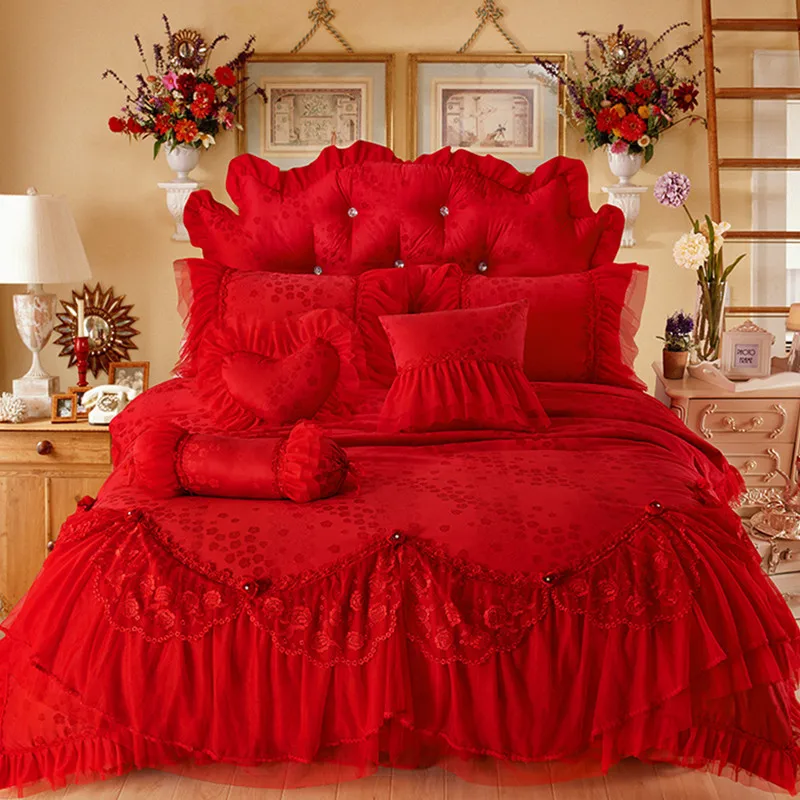 Pernikahan Merah Jacquard Lace Princess Bed set Peralatan Mewah Set Queen size Queen Bedlinen Sheet Boho Duvet Cover Set Bedclothes