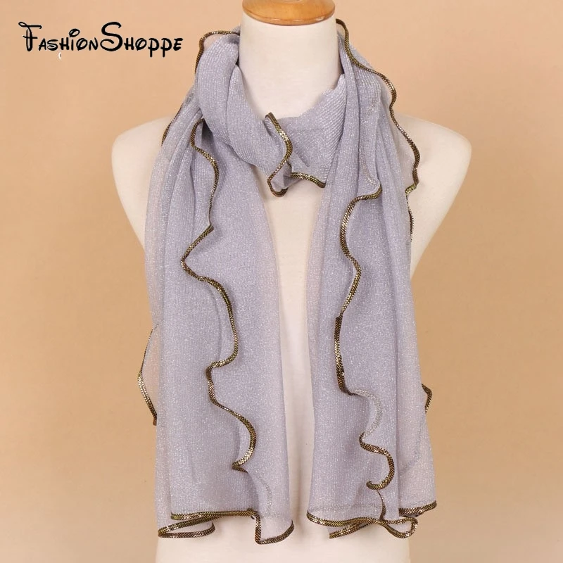 

Fashion Women Plain Monochrome Silver Wire Line Wind Multipurpose Muslim Nation Scarf Hijab Wholesale #YS393