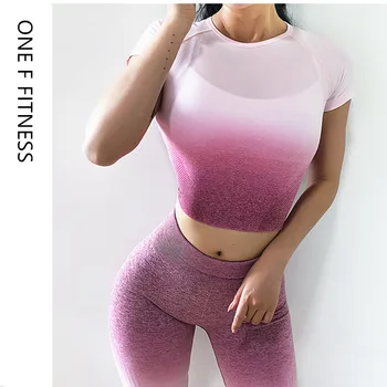

Ombre 2 Piece Yoga Set Women Short Sleeve Workout Crop Top And Tummy Control Gym Leggings Fitness Clothing Seamless Sport Suit