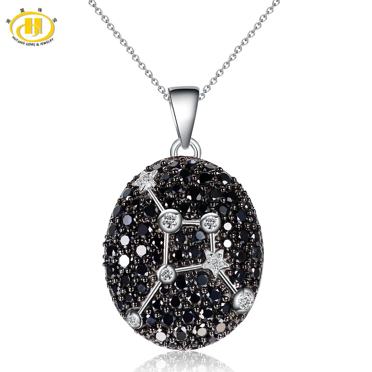 

Hutang Cancer Constellation Black Spinel & White Topaz Pendant Solid 925 Sterling Silver Necklace Free Chain For Boy And Girl