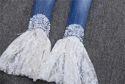 2018 Новые Осенние Синие Блестки узкие кружевные лоскутные джинсы женские модные кружевные расклешенные джинсовые брюки