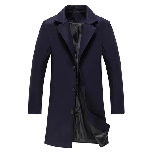 Осень-зима теплая шерсть пальто Для мужчин повседневные платья Длинные Тренч Для мужчин Slim Fit шерстяная куртка хаки сплошной Однобортный бренд - Цвет: Тёмно-синий