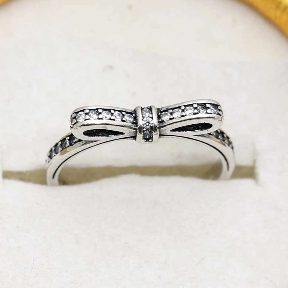 

Authentic 925 Sterling Silver Ring Fine Sparkling Bow With Crystal Rings For Women Wedding Party Gift Fine Pandora Jewelry