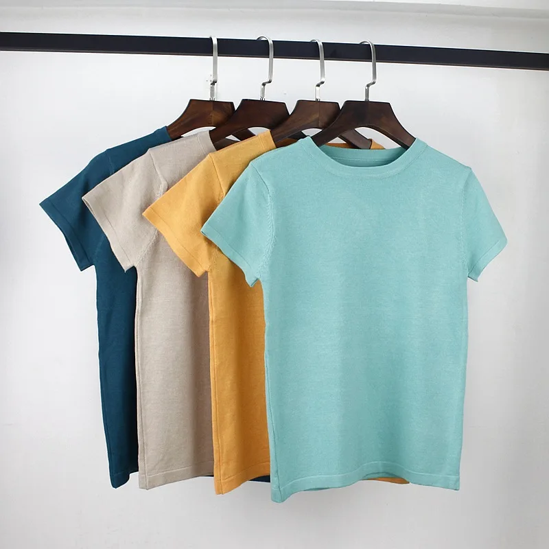 

GIGOGOU High Quality Knitted Women T Shirt Cotton Summer Casual Short Sleeves Tshirt O-Neck basic Female T-Shirt