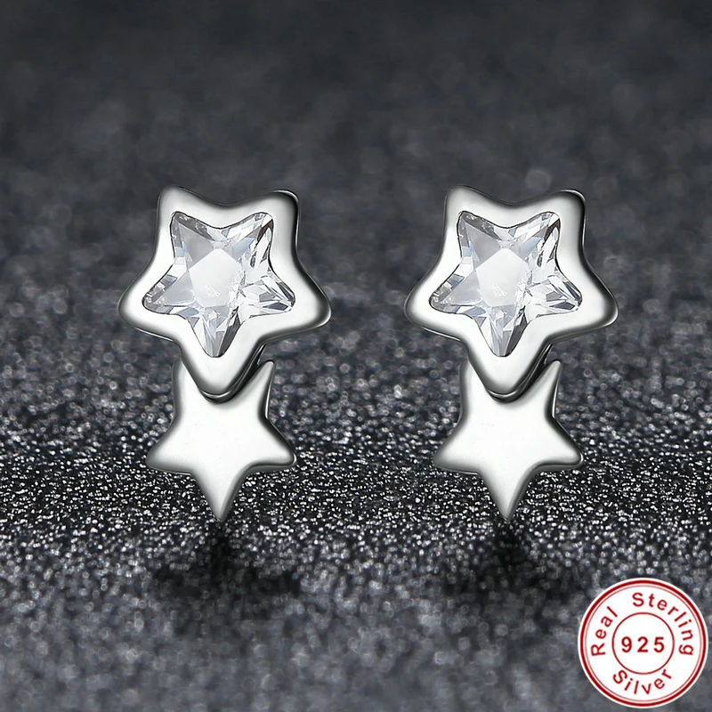 Hot Sale Genuine 925 Sterling Silver Sparking CZ Double Star Shape Stud Earrings for Women Fine Jewelry Bijoux | Украшения и