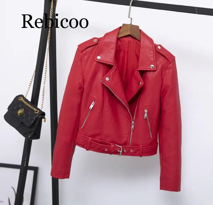 2019 new classic lapel short belt women's PU leather simple leather jacket motorcycle jacket