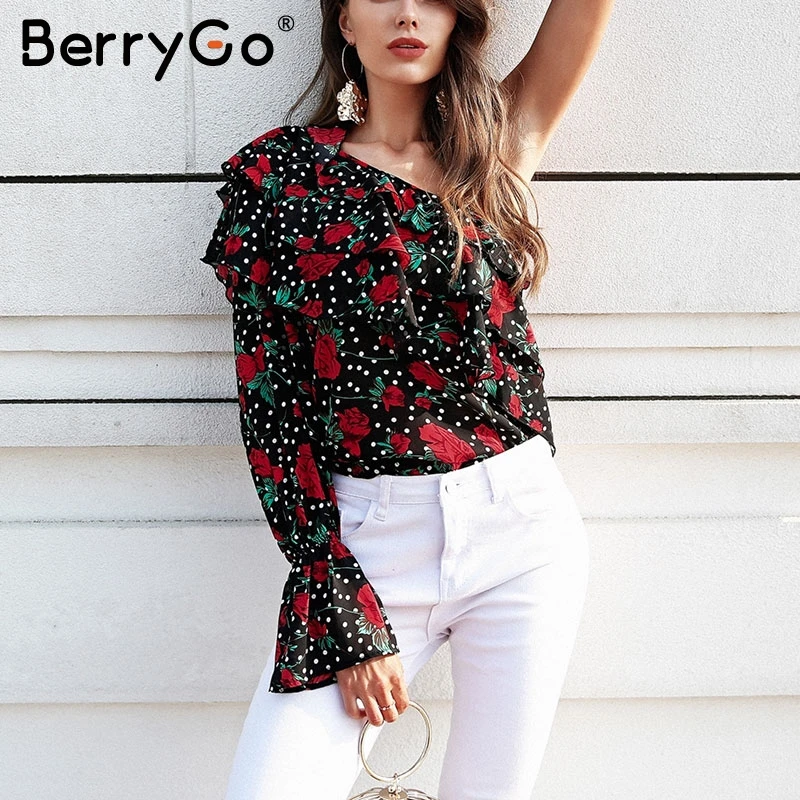 Женская блузка на одно плечо BerryGo шифоновая с оборками и длинным рукавом