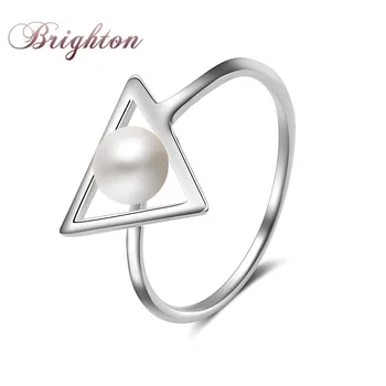 

Fashionable Pearls Ring Women Hollow Triangular Ring Female S925 Pure Silver Jewelry Concise Natural Freshwater Pearl Ring