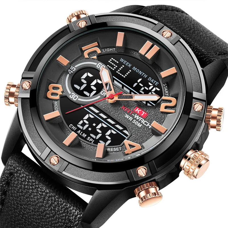 

2018 Newest Watch Big Sports Watch Rose Gold index Dial luminous Hand LED display Dual Time Quartz Digital Watch Men