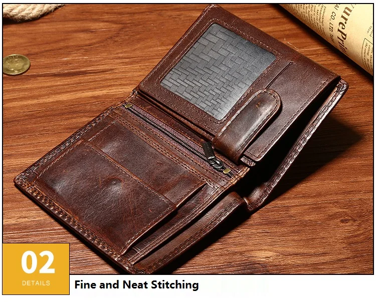 MJ Genuine Leather Men's Short Wallet Retro Bi-Fold Leather Wallet Card Holder Male Purse Coin Pocket ID Window Photo Position (9)
