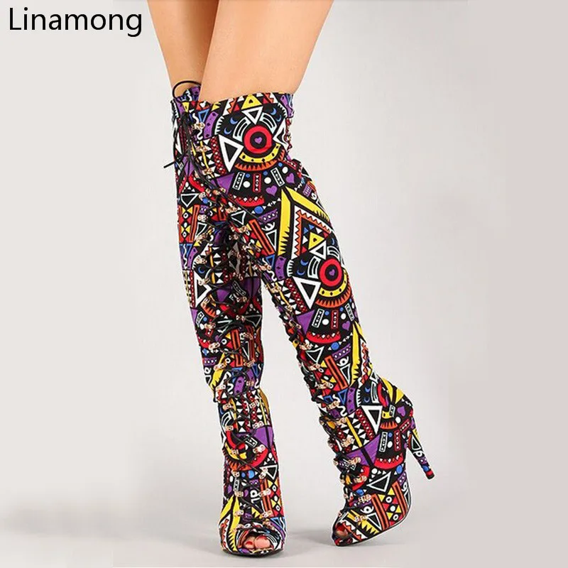 2017 Elegant Multicolor Mixed Color Tribal Lace-Up Peep Toe Thigh High Boot Heel Gladiator Boots Women Long Sandals | Обувь