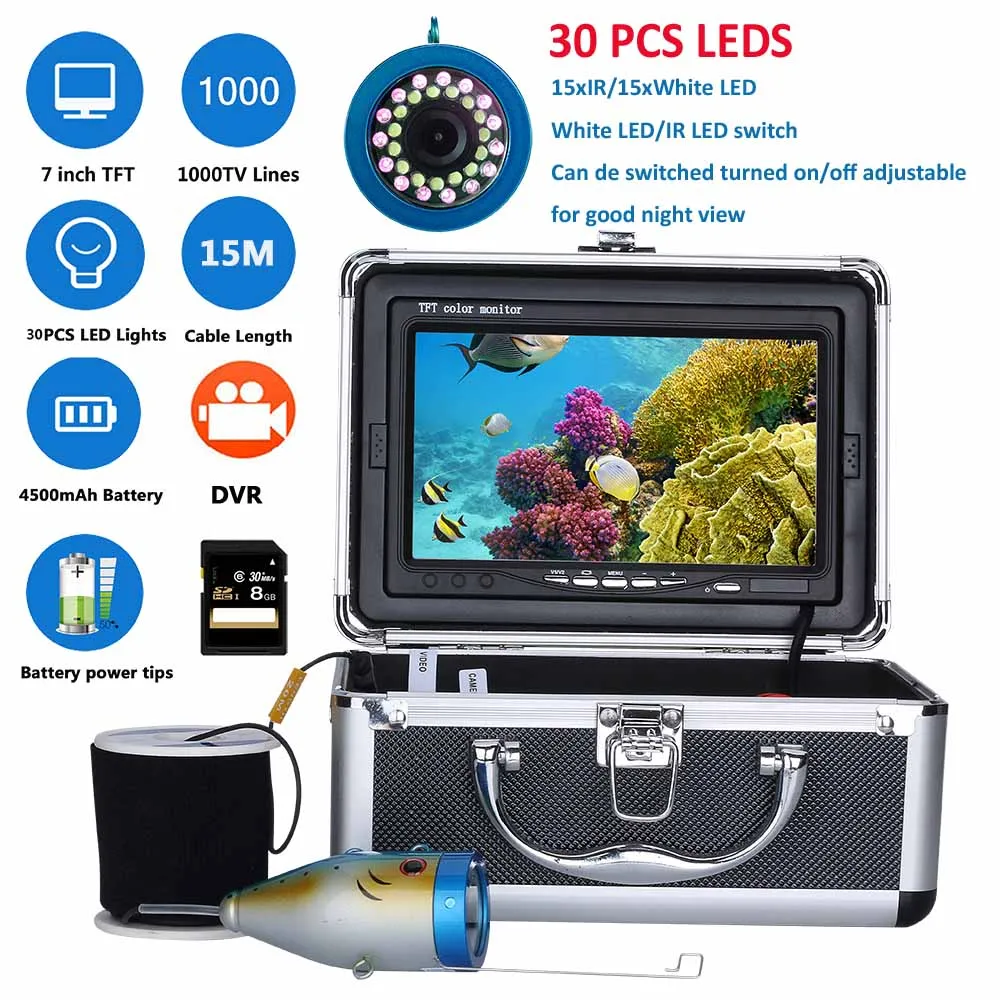 

PDDHKK 7inch With DVR Video Recorder Visual Video Fish Finder Fish Camera With 15PCS White LED 15PCS IR LEDs 1000TVL Waterproof