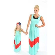 Elsa Filles Vêtements Wennikids D’été Style Aqua Couleur Chevron Fille Maxi Robe Coton Maman Et Moi Robes Mère Fille Vêtements