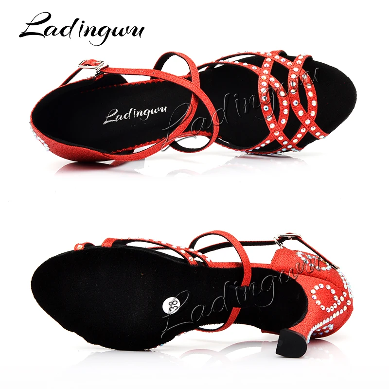 Ladingwu zapatos baile mujer latino Red Shoes Woman Latin Dance Shoes Glitter Rhinestone Salsa Ballroom Dance Shoes Heels 9cm