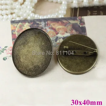

30x40mm Antique Bronze Plated Brass Blank Oval Bezel Tray Cabochon Back Pins Brooch Bases Settings Brooches Findings 40pcs