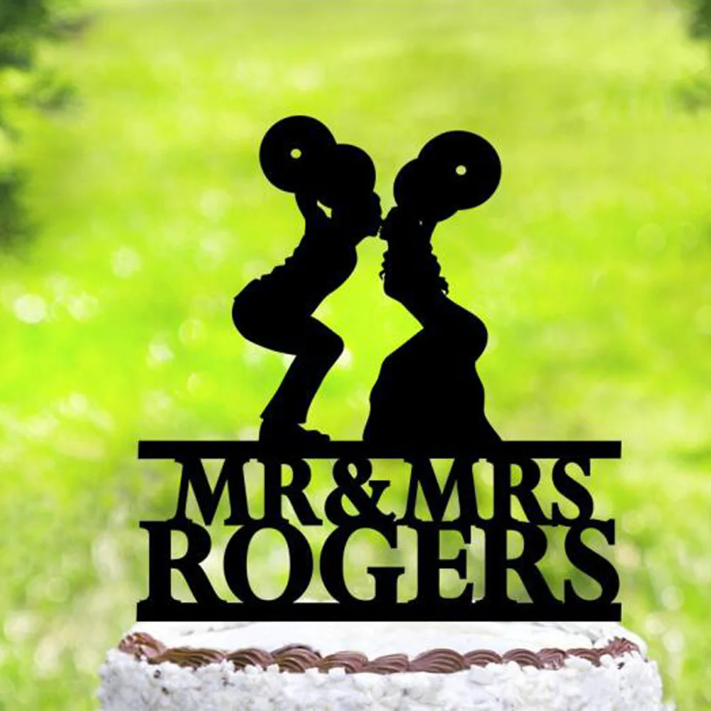 Personalized name Wedding Muscle Man And Woman Silhouette Cake Topper,Custom Mr and Mrs Cake Topper,Bodybuilding Funny Topper