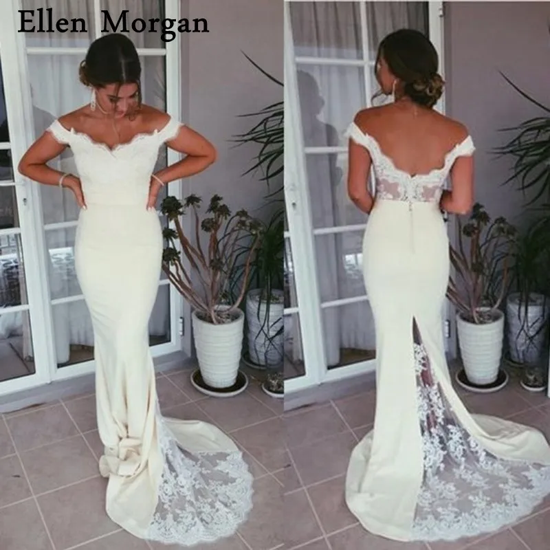 

Sexy Mermaid Evening Dresses 2019 Off Shoulder Long Satin Lace Red Carpet Celebrity Formal Prom Party Gowns for Women Wear