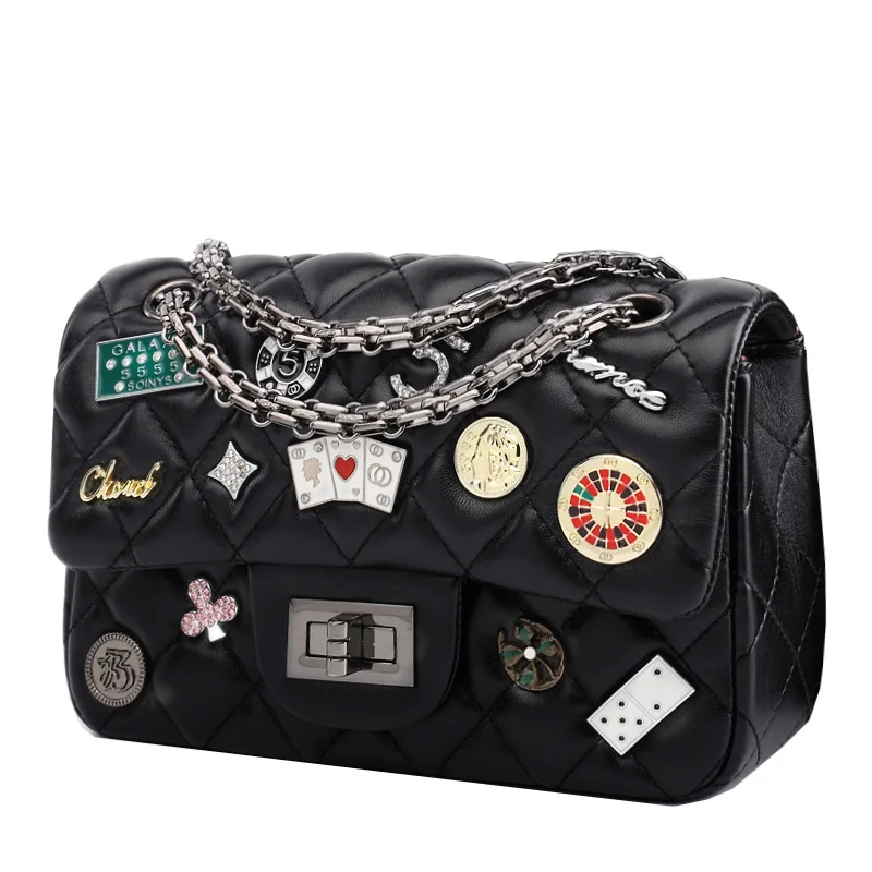 

Retro Fine Oil Wax Leather Shoulder Bag Chain Badge Women Handbags Diamond Lattice Handbag Crossbody Clutch Purse