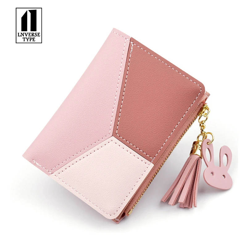 

Wallet Short Women Wallet Fringed rabbit decorative wallet Zipper Purse Patchwork Panelled Wallets Trendy Coin Purse Card Holder