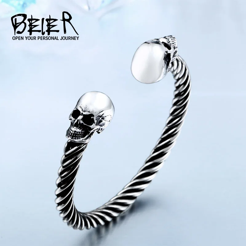 

Beier new store 316L Stainless Steel Bangles high quality for women and men double skull PUNK Bangles fashion jewelry BRG-012