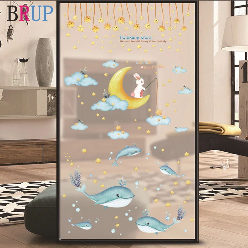 

180*270cm Large Cartoon Animals Wall Stickers Friendly Rabbit on The Moon Home Decor for Kids Room Cloud Stars Whale Wall Decals