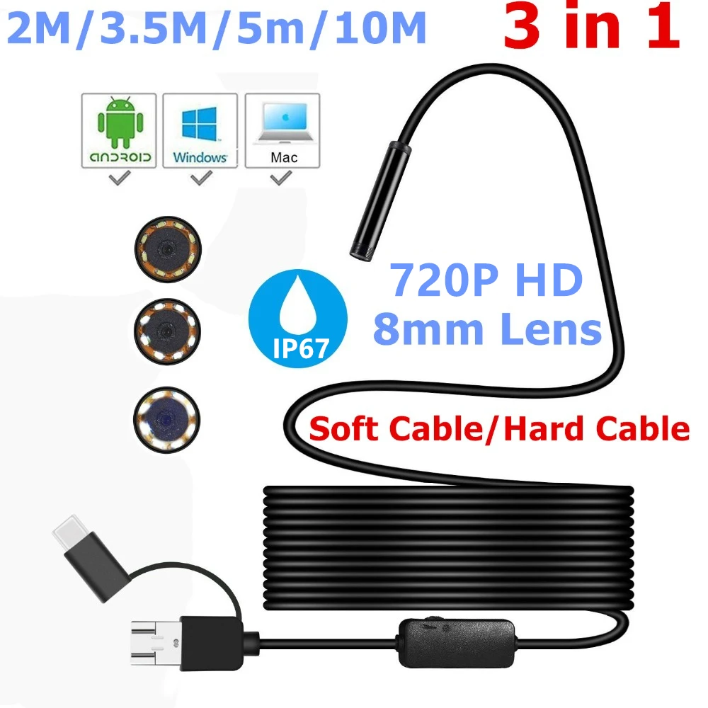 3 в 1 эндоскоп камера Micro USB Type c Инспекционная 720P HD IP67 8 мм Водонепроницаемая трубка