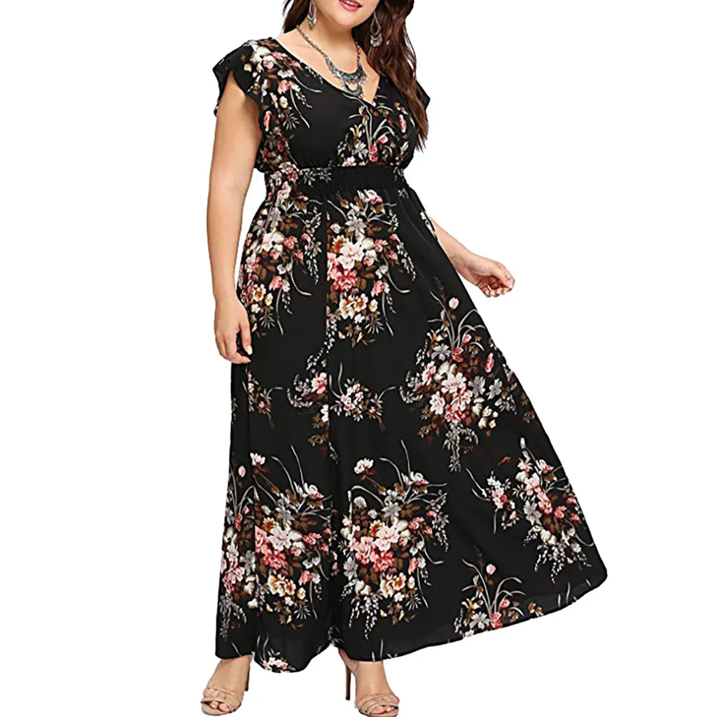 

Women Plus Size Summer V Neck Floral Print Boho Sleeveless Party Maxi Dress colorful comfortable breathe fashion saia