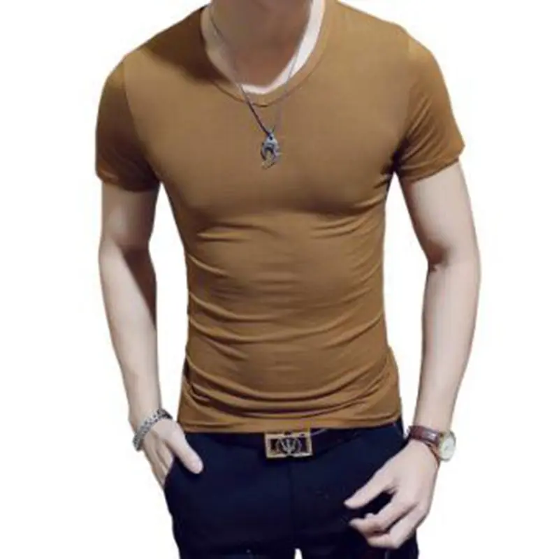 Qrxiaer/мужская летняя футболка с круглым вырезом, 9 однотонных цветов, черная, белая, серая футболка с короткими рукавами, трендовая Повседневная быстросохнущая рубашка для мальчиков - Цвет: Шампанское