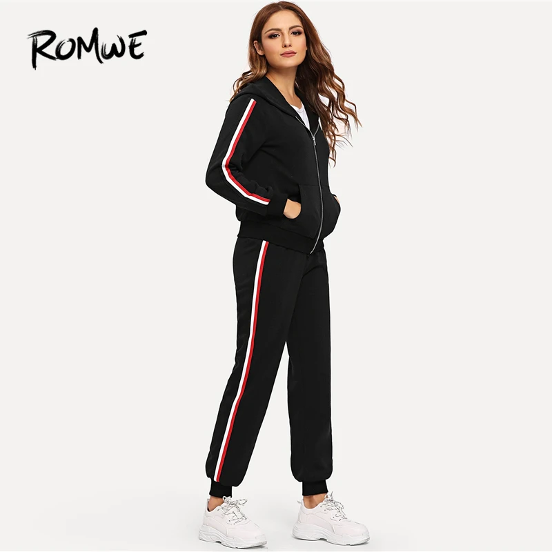 ROMWE Zip Up Hooded Jacket Pants Set 2019 Fashion