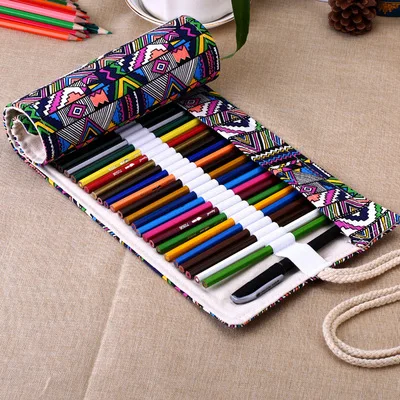 

New 36/48 Holes Pencil Case School Canvas Roll Pouch Comestic Makeup Brush Case Pen Storage Pecncil Box