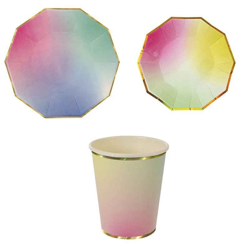 

Rainbow Gradient Disposable Tableware Sets Gold Foil Paper Plate Cups Theme Festival For Baby Shower Birthday Party Supplies